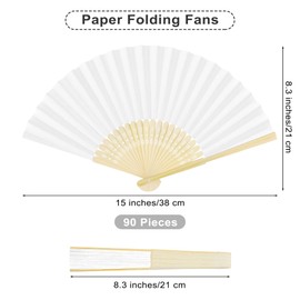 Aodaer 90 Pieces Paper Folding Fans Bamboo Handheld Fans Paper Folded Fans for Wedding Gift, Party Favors, DIY, Home Decoration, White