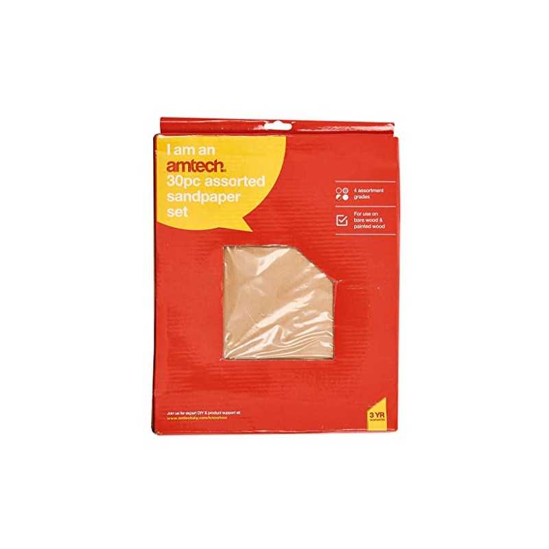 Amtech S3850 Assorted Sandpaper Set, 30 Pieces and 4 Grades,