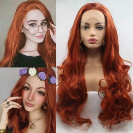 Angle Lucky Long Wavy Copper Red Synthetic Wig for Women Natural Hairline Ginger Red 13x4 Lace Frontal Wig Heat Resistant Free Part Glueless Wigs for Daily Party 24’’