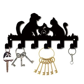 CREATCABIN Key Holder Metal Black Key Hook Organiser Hanger Wall Mounted Decorative with 6 Hooks Dog and Cat Pattern for Front Door Entrance Hallway Bag 27 x 13.7 cm