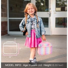 mibasies Kids Lunch Bag for Girls Toddler Sparkle Lunch Box for School Travel, Pink Blue Rainbow