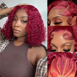 Curly Human Hair Wig Bob Wig Human Hair 99j Burgundy Lace Front Wigs Human Hair Pre Plucked Red 200 Density Short Deep Curly Wet And Wavy 13x4 HD Frontal Wig For Women Glueless 14 Inch