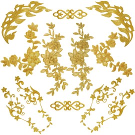 Gnognauq 12Pcs Gold Flower Iron on Patches Embroidery Applique Sewing Fabric Gold Lace Sew on Patch for Dress Jeans Clothes