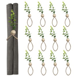 MAOANME Napkin Rings Set of 12, Rustic Eucalyptus Napkin Holder Rings with Wood Bead, Farmhouse Green Leaf Napkin Ring Bulk, Boho Napkin Ring for Wedding, Table Decor