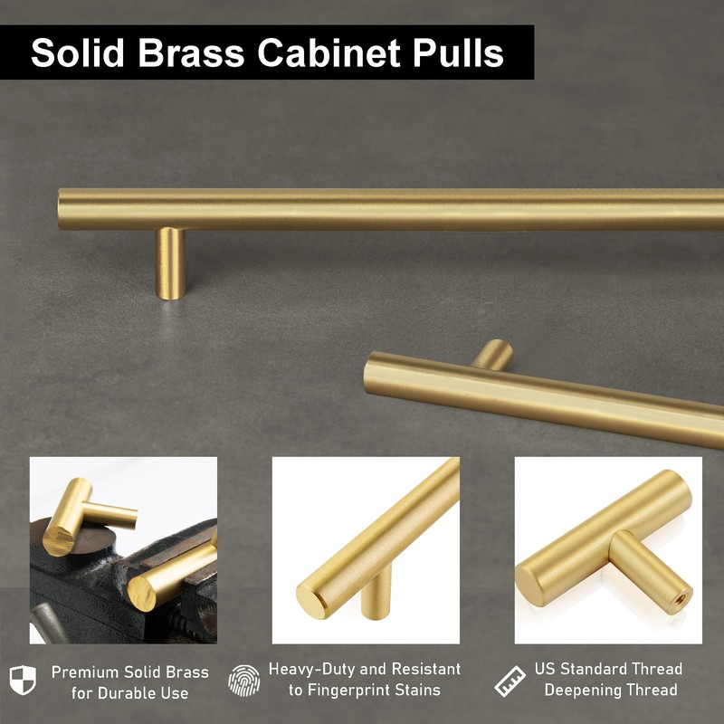 QOGRISUN 2-Pack Solid Brass Cabinet Pulls, Gold Euro Style T-Bar
