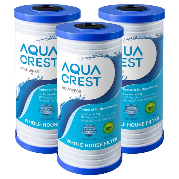 AQUACREST AP810 Whole House Water Filter, Replacement for 3M® Aqua-Pure AP810, AP801, AP811, Whirlpool® WHKF-GD25BB, WHKF-DWHBB, 5 Micron, 10" x 4.5", Well & Tap Water Filter, Pack of 3