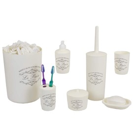 Home Basics Paris Collection 7 Piece Bath Ensemble Bathroom Accessory Set - Toilet Brush, Tumbler, Tootbrush Holder, Soap Holder, Lotion Dispenser and More! (White)