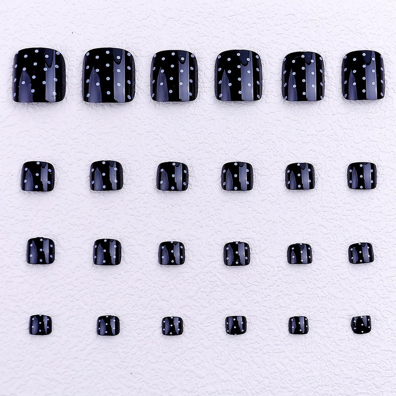 Polka Dot Press On Toenail Short Square Fake Toenails Black