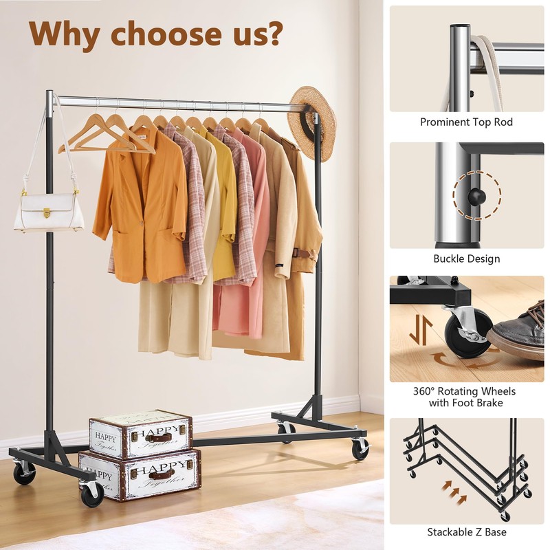 Hoctieon Z Rack, Rolling Clothes Racks with Z-Base, Heavy Duty