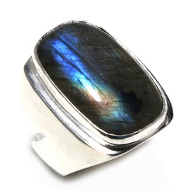 Tibetan Silver Blue Fire Labradorite Gemstone Silver Plated Fashion Rings for Women Designer Modern Rings Party Jewellery Handmade Craftsman Rings Size 19, Gemstone Non-precious metal gemstone