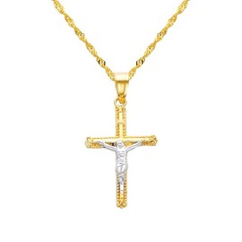 The World Jewelry Center 14k Real Two Tone Gold Jesus Cross Religious Pendant with 1.2mm Singapore Chain Necklace - 24"