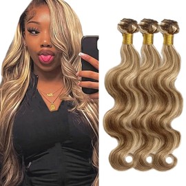 P4613 Bundle Highlight Body Wave Human Hair Bundles Two Tone Chocolate Brown Mixed With Blonde 3 Bundles 12 14 16 Inch 613 Body Wave Bundle Hair Weave 300G