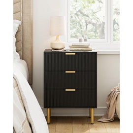 AEPOALUA Night Stand,Tall Bedside Table with 3Storage Drawers,White Nightstand,Bedside Furniture,Side Table with Gold Frame,Drawer Dresser for Bedroom,Living Room (Modern-3drawers, Black)
