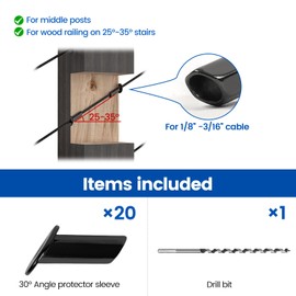 [Patent] Muzata Upgraded 20 Pack 25 30 35 Degree 1/8" 5/32" 3/16" Black Cable Railing Angle Protector Sleeves Cable Railing Hardware Kit T316 Stainless Steel Angle Protective Sleeves Wood Post CR70