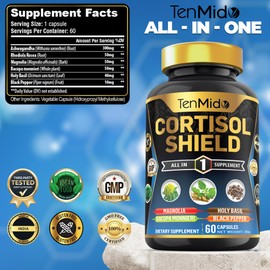 Cortisol Shield Supplement - 6in1 with Ashwagandha, Rhodiola Rosea, Magnolia, Bacopa, Holy Basil & Black Pepper - 60 Vegan & Non-GMO Capsules