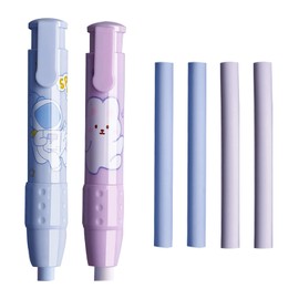 Retractable Erasers, Novelty Eraser Pen, Shaped 2 Pieces Press Mechanical Rubbers with 6 Refill Erasers for Children Students Blue Purple