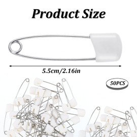 Giantree 50 Pcs Safety Pins, Safety Pins for Clothes, Baby Safety Pins, Diaper Pins Stainless Steel Traditional Safety Pins, Plastic Head Cloth Diaper Pins with Locking Closures Stainless Steel(5.5CM)