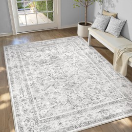 PureCozy Grey 5x7 Area Rug Vintage Washable Living Room Carpet Non Slip Bedroom Indoor Office Low Pile Traditional Distressed Retro Accent Rug for Dining Room Bathroom Kitchen