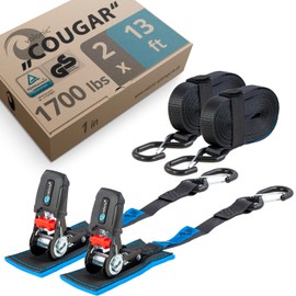 valonic Cougar, 2 Pack Ratchet Straps with Hooks, Padded, 13 ft, 1700 lbs Breaking Strength, Two-Piece tie Down Strap for Motorcycle, Truck Bed and Trailer, Black