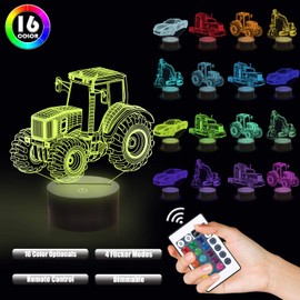 Lampeez Car Gifts, 4 Patterns Hologram Night Light for Kids with Remote Control 16 Color Changing, Dimmable Function, Unique Birthday Xmas Gifts for Kids Boy Girl(Race car,Tractor, Truck, Excavator)