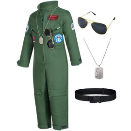 Kids Fighter Pilot Costume - Air Force Flight Suit with Aviator Sunglasses & Tag & Belt for Boys Girls Roleplay Dress Up 8-9 Years