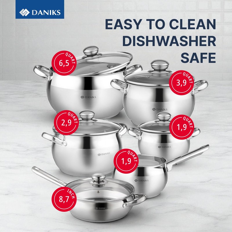 Daniks Classic 11-Piece Stainless Steel Cookware Set with Glass Lids,
