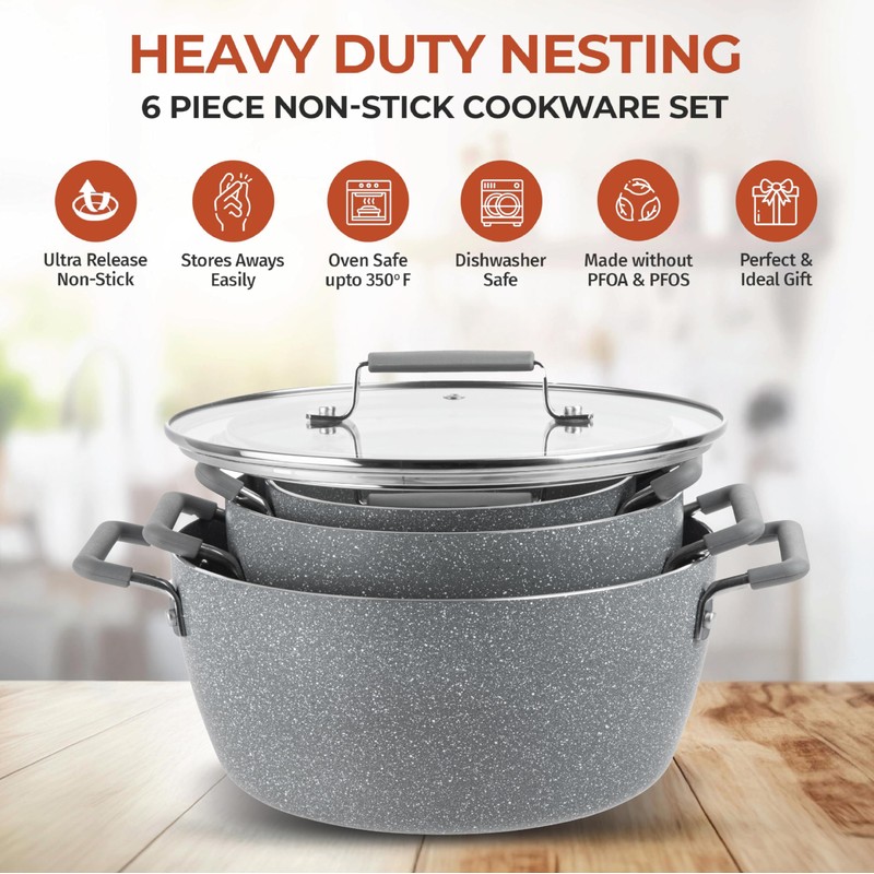 Granitestone Gray Pots and Pans Set Nonstick, 6 Stackable Piece