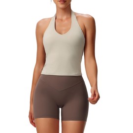 Aoxjox Women's Sleeveless Hailey Halter Tank Tops Workout Athletics Gym Yoga Curve Longline Crop Top (Mink, Small)