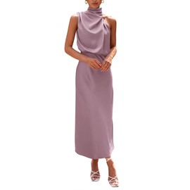 PRETTYGARDEN Women's 2025 Summer Satin Dress Elegant Sleeveless Mock Neck Cocktail Party Maxi Dresses (Dusty Pink,Medium)
