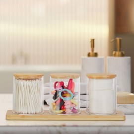 Relaxdays Cotton Bud Container with Tray, 3 Cups with Lid, Cosmetic Organiser, Plastic/Bamboo, Transparent/Natural