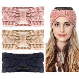 AYNKH 3 x Winter Knitted Headband, Elastic Chunky Thickened Crochet Hair Band Ear Warmers for Women Outdoor Sports Skiing Running