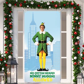 Arosche Christmas Decorations Door Cover 6x2.9 Ft Funny No Cotton Headed Ninny Muggins Allowed Porch Sign Buddy The Elf Backdrop Xmas Hanging Background for Indoor Outdoor Door Banner Party Supplies
