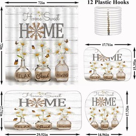 ALEXEX 4 PCS White Daisy Shower Curtain Sets,Home Sweet Bathroom Set with Shower Curtain and Rugs and Accessories,Farmhouse Country Shower Curtain Bathroom Decor with 12 Hooks,72 X 72 Inches