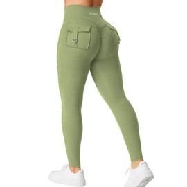 YEOREO Leggings with Pockets for Women Charm Scrunch Workout Leggings V Cross Waist Butt Lifting Gym Yoga Pants Bean Green XL