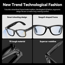 AI Smart Glasses with HD Camera and Bluetooth - AI Photo Recognition and Interactive Dialogue, Noise-canceling Bluetooth 5.4, and Long Battery Life | Stylish Black Frame and Lenses(Blue)