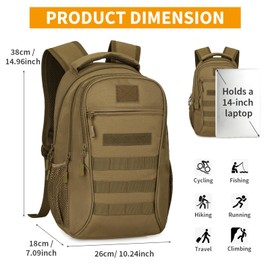 HUNTVP Tactical Backpack 15L Small Military Backpacks Molle Rucksack School Daypack Brown Causal Daysack Work Bag Rucksacks for Men Women Boys Girls Traveling Hiking Camping Cycling Motorbike