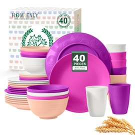 Homienly 40-Piece Wheat Straw Dinnerware Set, Reusable Plates and Bowls Sets, Alternative to Plastic Dishes Set-Dinner Plates with Textured Pattern, Bowls, Cups, Dishwasher Safe - Pink Flower