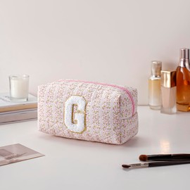 JOVAKIT Alphabet Makeup Bag Cosmetic Bag for Women, Christmas Gifts for Girls Age 6-18, Floral Flowers Coquette Travel Toiletry Zipper Make Up Pouch Organizer Trendy Stuff (Pink Floral G)