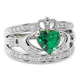 Luyona Claddagh Ring for Women 925 Sterling Silver Irish Claddagh Engagement Anniversary Wedding Promise Ring with Birthstone/Natural Moss Agate, Free Engraving, Size 7, Cubic Zirconia