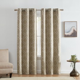 Elrene Home Fashions Valian Geometric Lattice Embroidered Thermal Blackout Window Curtain Panel with Grommets, Set of 2, 37"x63", Tan