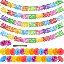 SEISSO 5PCS Mexican Party Banners & 25PCS Artificial Marigold Flowers, Papel Picado Mexicano para Fiesta Banner, Dia De Los Muertos Decorations Day of The Dead Decor Set for Mexican Party