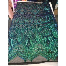NEW CREATIONS FABRIC AND FOAM INC GREEN  ROYALTY IRIDESCENT SEQUINS ON A 4 WAY STRETCH NUDE MESH-SOLD BY YARD.