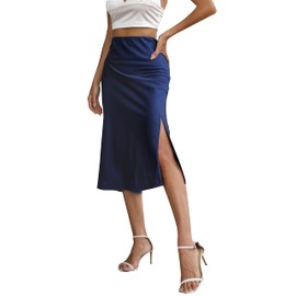 Alcea Rosea Women's Midi Skirts High Waist Split Elegant Satin Silky Work Skirt Party Pencil Oblique Skirt, navy blue, l