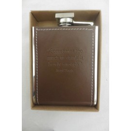 New Small Leather Metal Flask w/Hemingway or Twain Drinking Quote