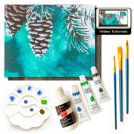 Painting4Real DIY Painting Class Kit for Adults: Learn to Paint Winter Pinecones with Video Tutorials – Indoor Christmas Decorations – Hang Christmas Picture/Art as Wall Decor Once Completed