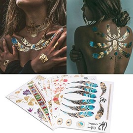 Etiqueta engoma del tatuaje, tatuajes temporales metálicos impermeables y resistentes al sudor, 5 hojas grandes de oro y plata con purpurina, para mujeres, niños, hombres, niñas