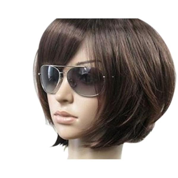 Kalyss 10'' Women's Edge Lace Brown Short Bob Wig with Hair Bangs Natural Looking Synthetic Wigs for Daily