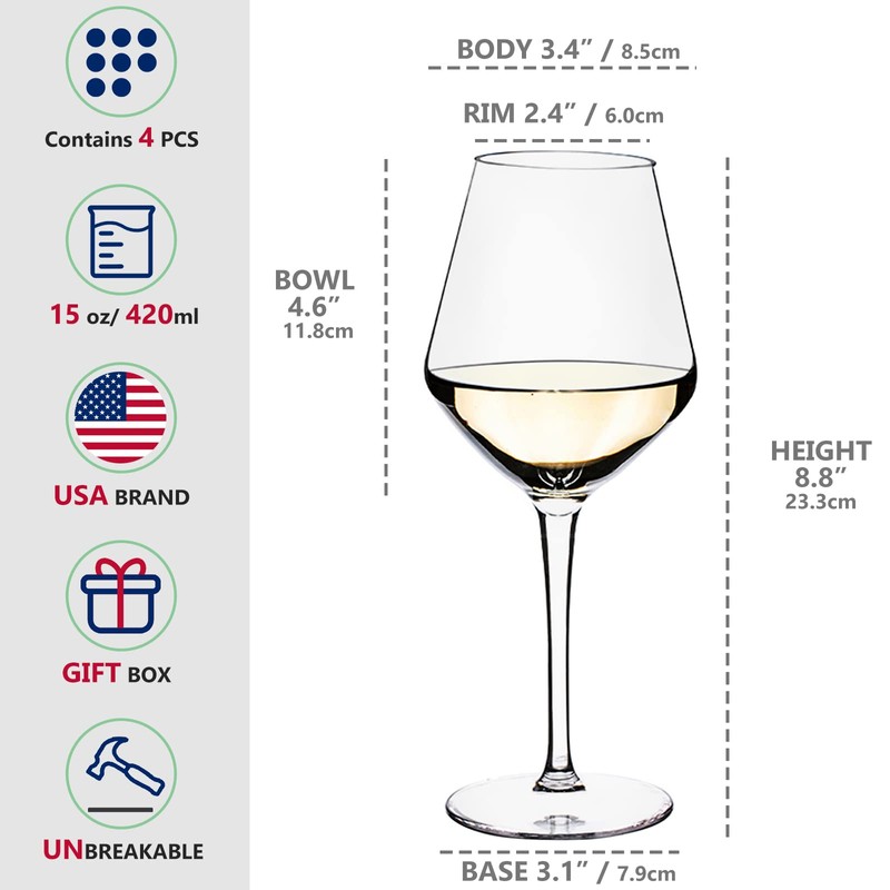 crayline Plastic Wine Glasses Set of 8(15oz) |Unbreakable Wine Glasses
