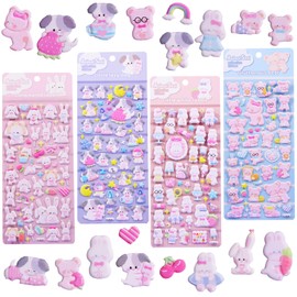 Puffy Animal Stickers for Girls 3D Cute Rabbit Dog Bear for Kids 4-8 Reusable Puppy for Toddlers Boys Kawaii Foam Bulk for Party Favor,Gifts,Reward,Travel Toys(4 Sheets)
