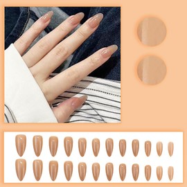 Thokono Press on Nails Short White Shiny Fake Nails Transparent Simple False Nails with Nail Glue, 24 Pieces Almond Shaped False Nails for Women and Girls